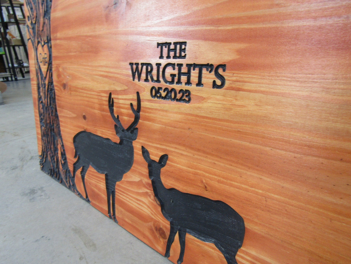 Wedding Gift Anniversary Deer Doe Tree Custom Personalized Engraved Routed Wooden Pine Sign Home Decor Gift Gift for him Paint Filled