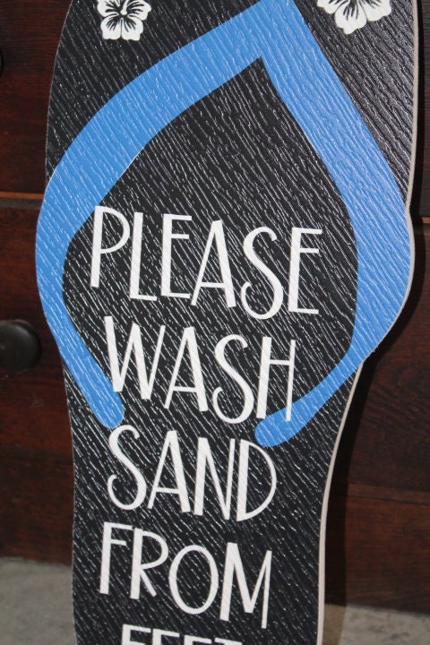 Contour Tropical Flipflop Please Wash Sand BNB Vacation Home Pool Beach Hibiscus Outdoor Weather Proof PVC Textured Woodgrain