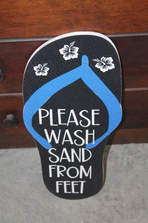 Contour Tropical Flipflop Please Wash Sand BNB Vacation Home Pool Beach Hibiscus Outdoor Weather Proof PVC Textured Woodgrain