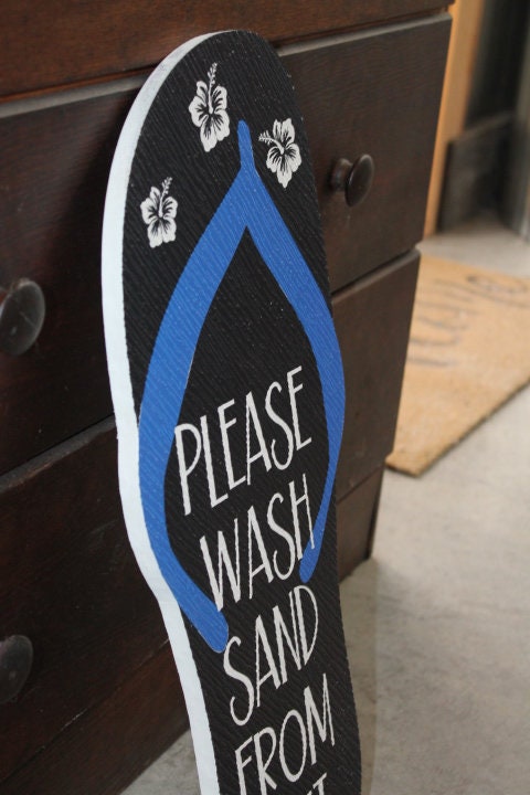 Contour Tropical Flipflop Please Wash Sand BNB Vacation Home Pool Beach Hibiscus Outdoor Weather Proof PVC Textured Woodgrain