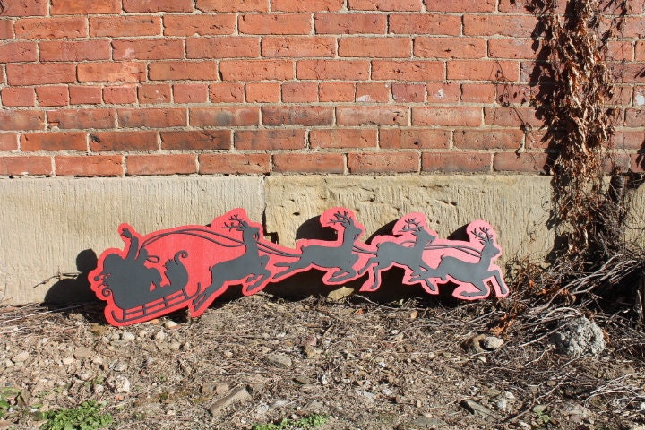 Santas Sleigh Reindeer Christmas Wooden Contour Cutout Winter St Nick Kris Kringle Flying Handmade Home Decor 3D Raised