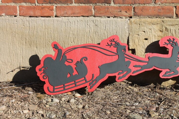 Santas Sleigh Reindeer Christmas Wooden Contour Cutout Winter St Nick Kris Kringle Flying Handmade Home Decor 3D Raised