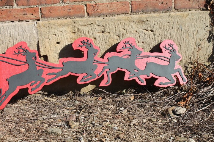 Santas Sleigh Reindeer Christmas Wooden Contour Cutout Winter St Nick Kris Kringle Flying Handmade Home Decor 3D Raised