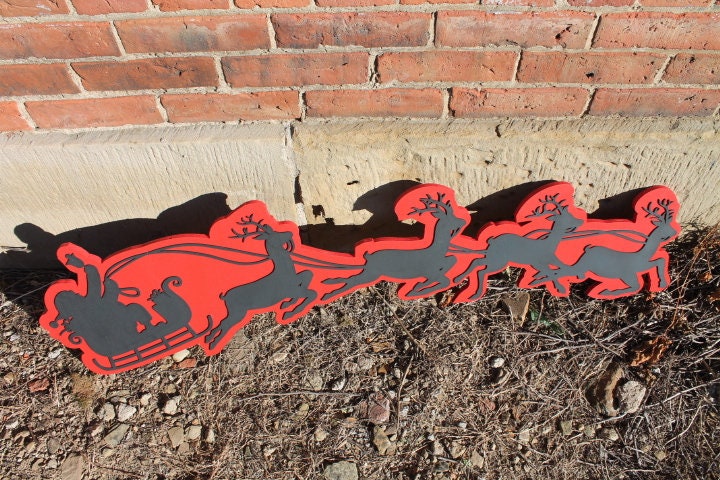 Santas Sleigh Reindeer Christmas Wooden Contour Cutout Winter St Nick Kris Kringle Flying Handmade Home Decor 3D Raised