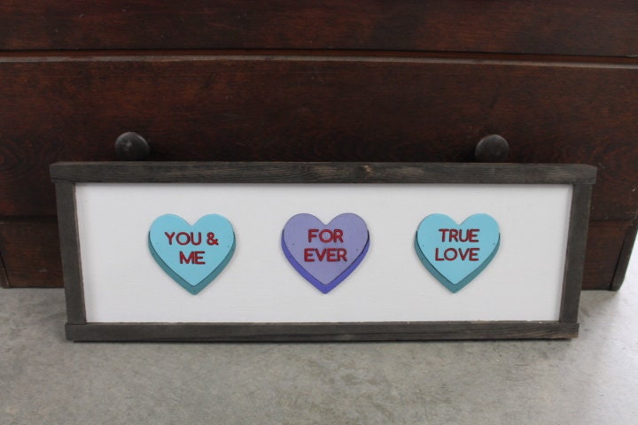 Valentines Day Conversation Hearts Purple Blue You and Me Forever True Love Handmade Gift for Her Love Story Framed Home Decor