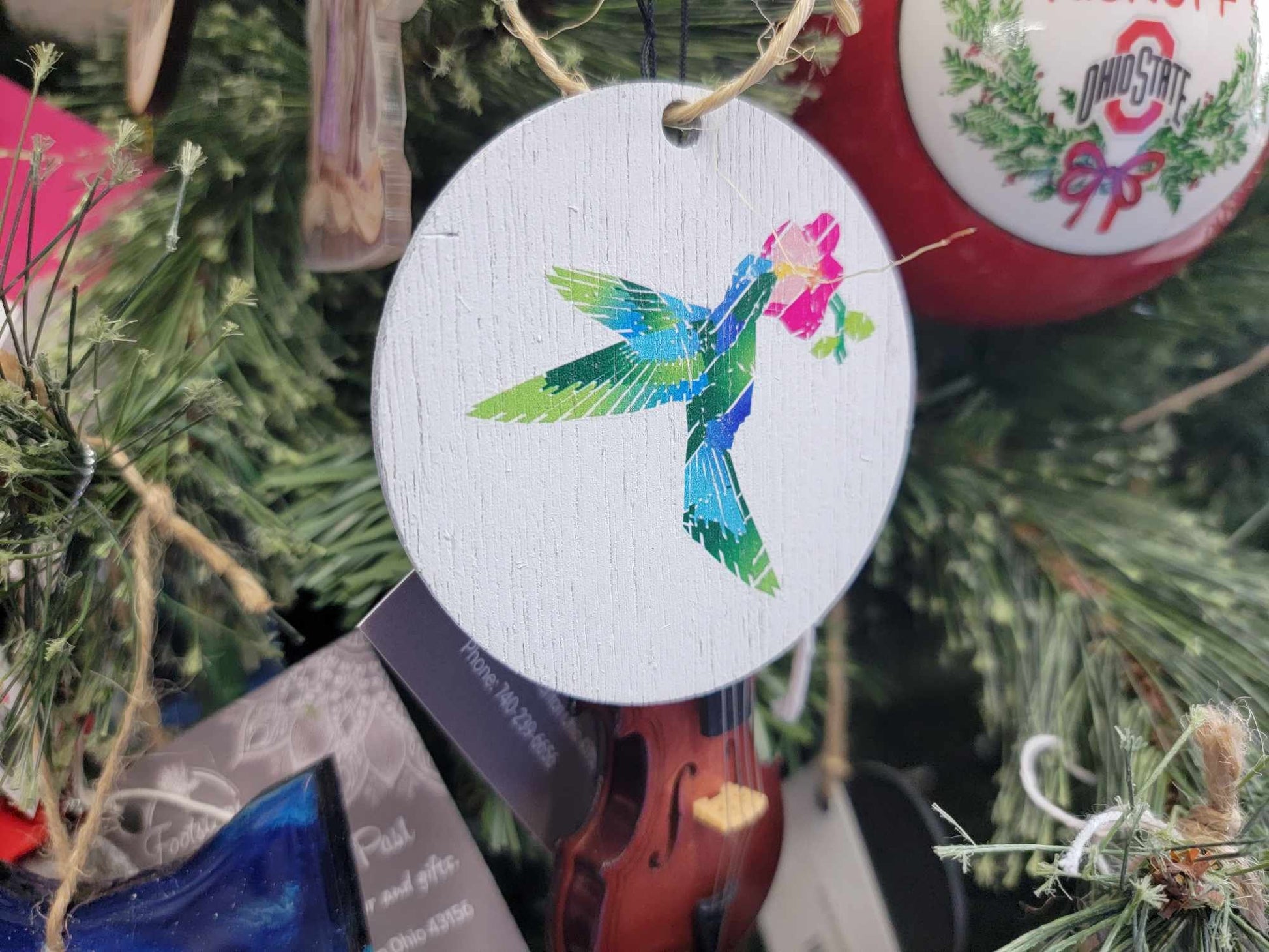 Barn Quilt Hummingbird Ornament Wood Slice Geometric Bird with Flower Pastel Christmas Tree Primitive Rustic Farmhouse