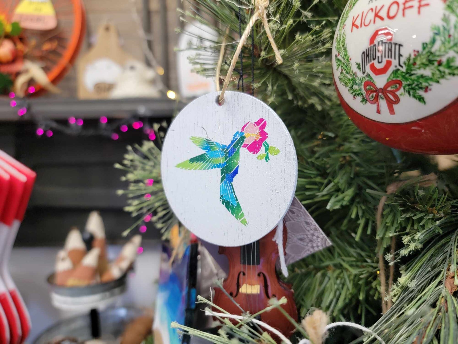 Barn Quilt Hummingbird Ornament Wood Slice Geometric Bird with Flower Pastel Christmas Tree Primitive Rustic Farmhouse