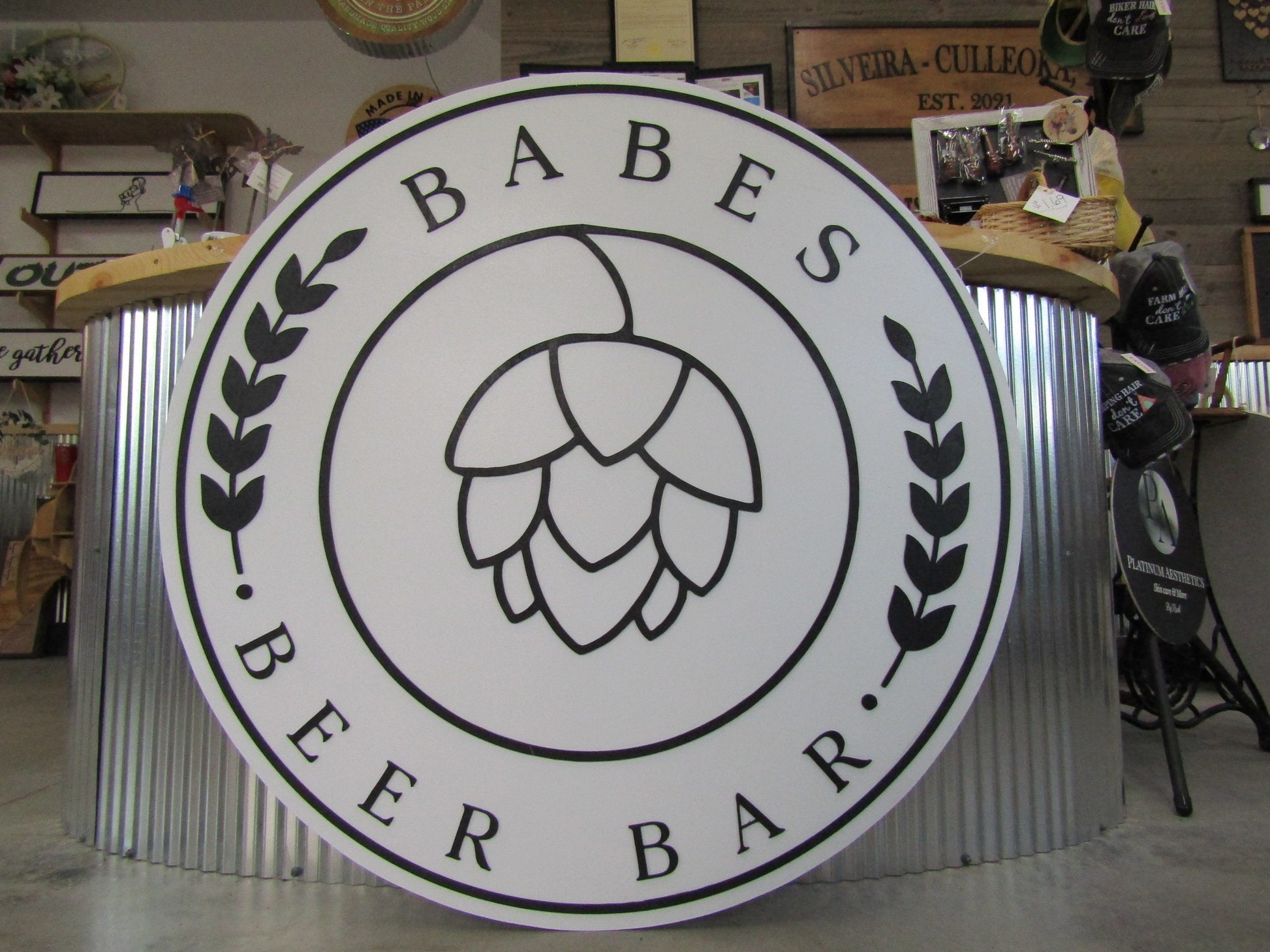 Custom Bar Sign Beer Round Business Drinks Food Barley Hops Babe Made to Order Logo Circle Wooden Handmade Raised Text Home