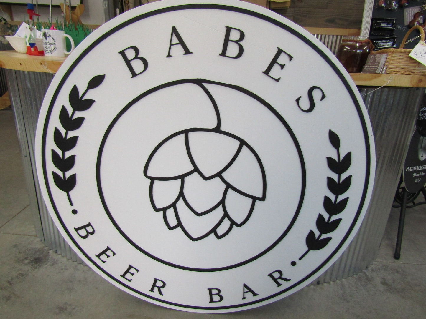 Custom Bar Sign Beer Round Business Drinks Food Barley Hops Babe Made to Order Logo Circle Wooden Handmade Raised Text Home