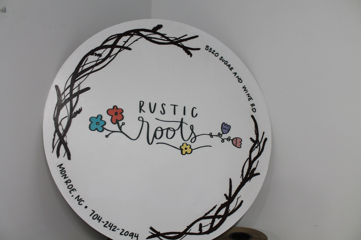 Custom Business Sign Round Rustic Roots Floral Hoop Branches Trees Made to Order Logo Circle Wooden Handmade Raised Text Home
