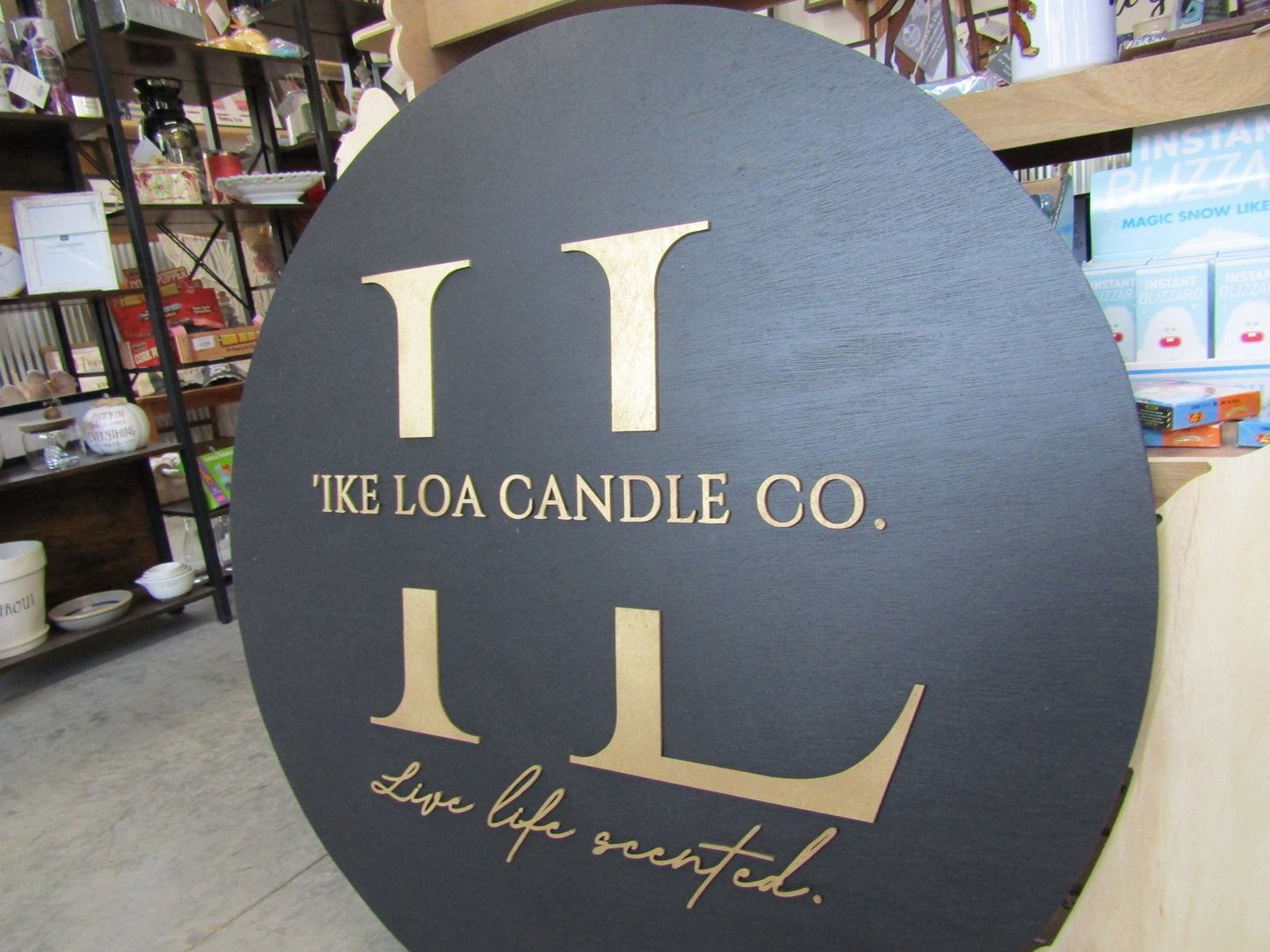 Custom Sign Round Candle Co Business Single Or Double Sided Made to Order Store Front Small Shop Logo Gold Circle Wooden Handmade