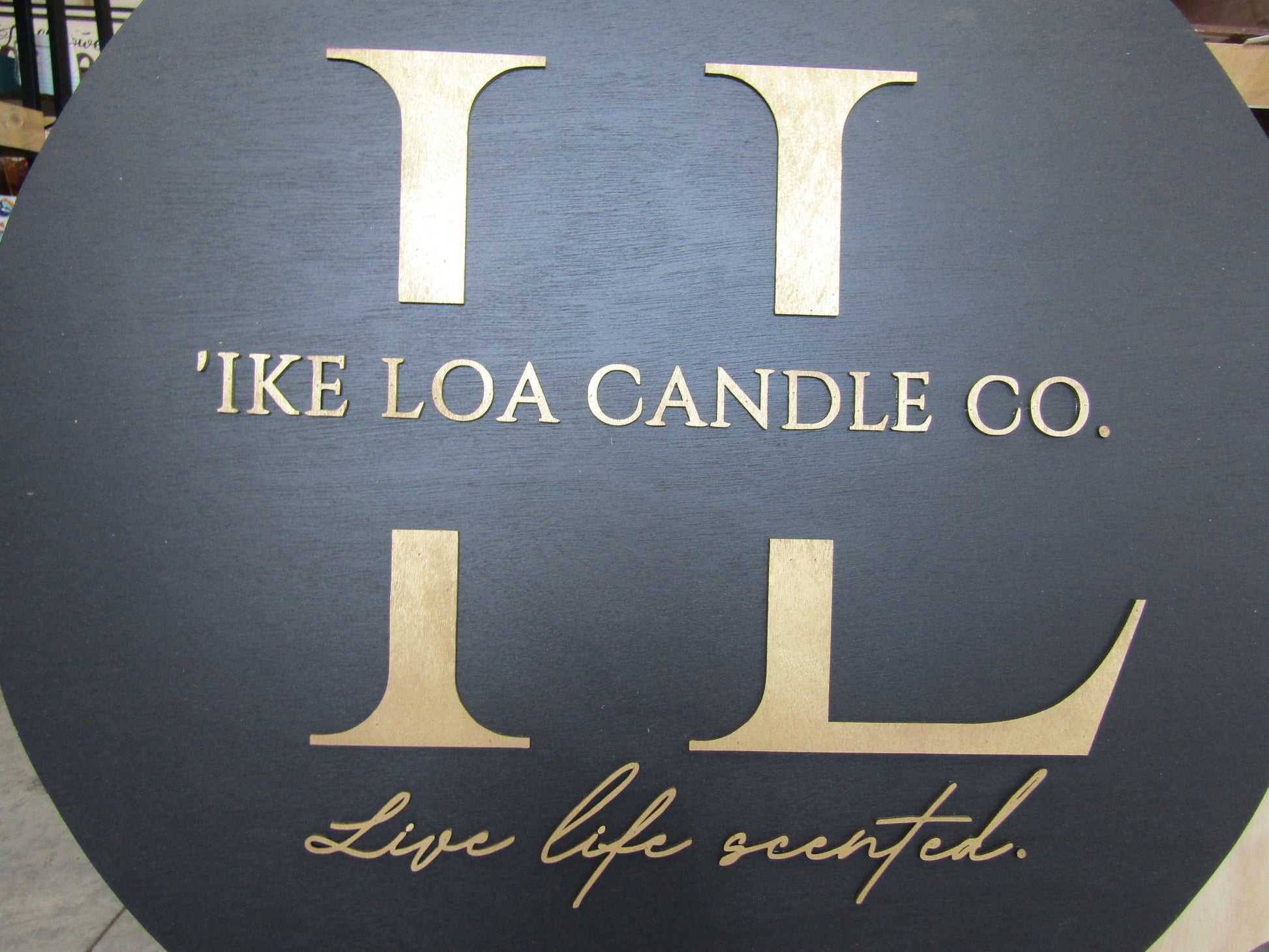Custom Sign Round Candle Co Business Single Or Double Sided Made to Order Store Front Small Shop Logo Gold Circle Wooden Handmade