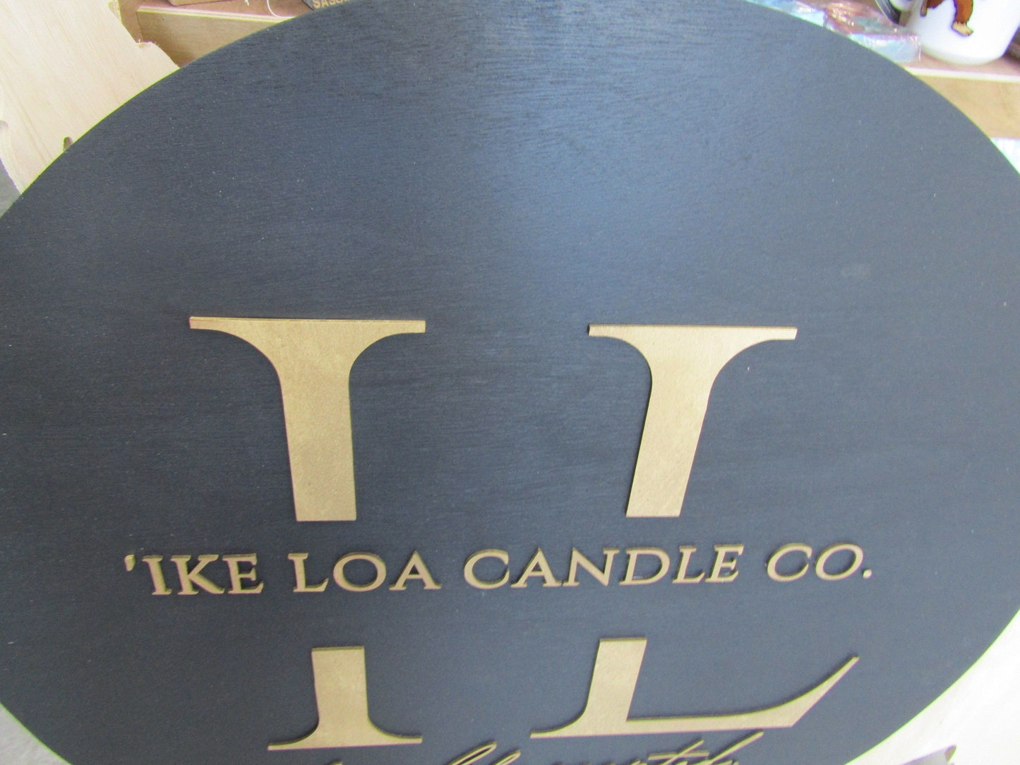 Custom Sign Round Candle Co Business Single Or Double Sided Made to Order Store Front Small Shop Logo Gold Circle Wooden Handmade