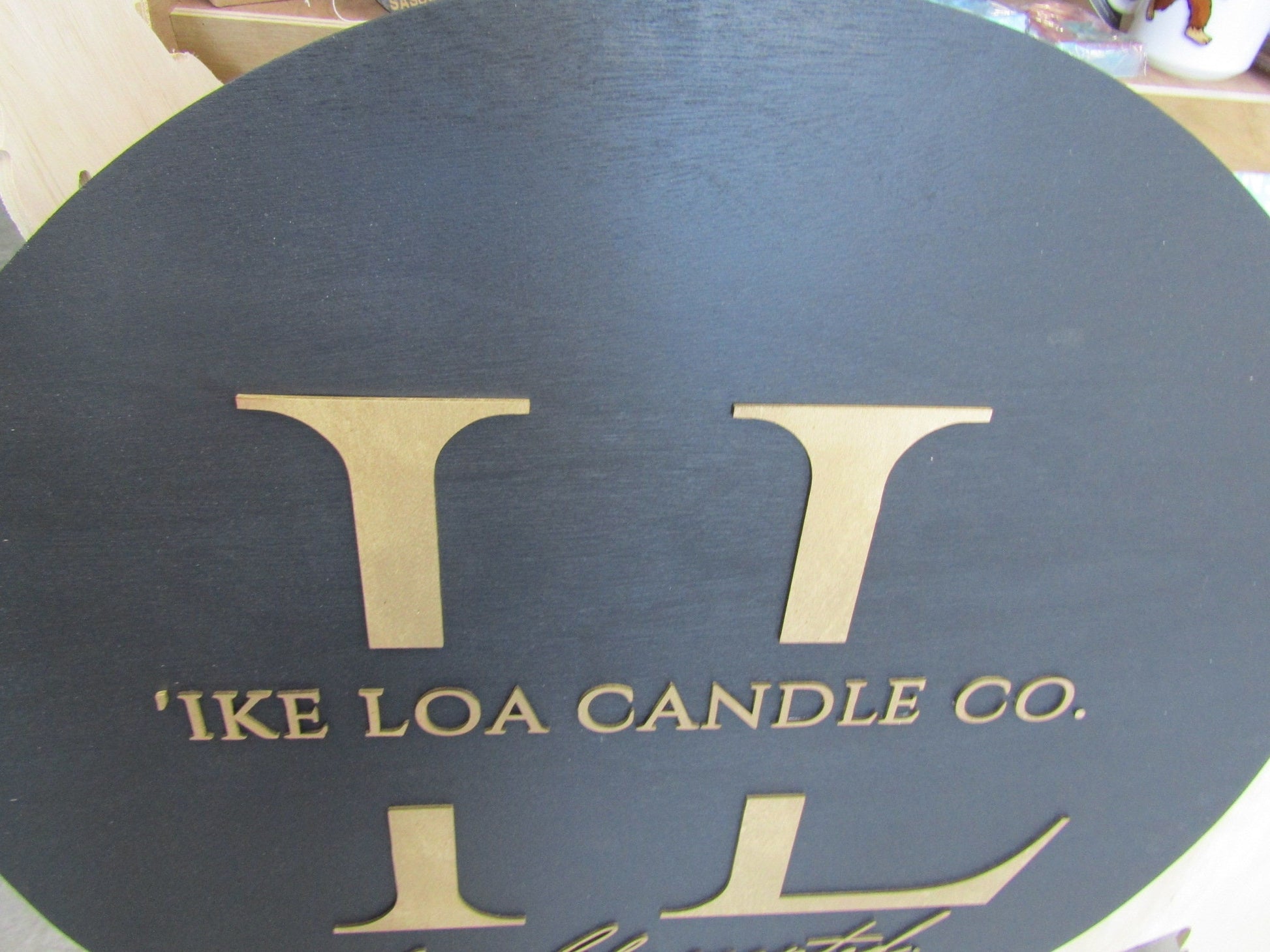 Custom Sign Round Candle Co Business Single Or Double Sided Made to Order Store Front Small Shop Logo Gold Circle Wooden Handmade