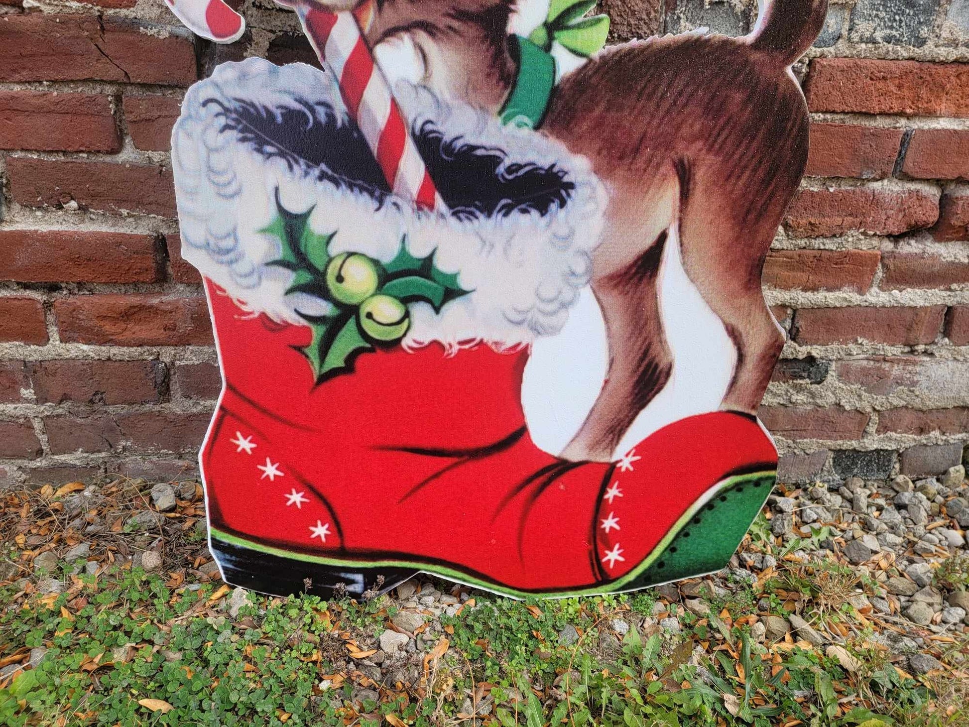 Vintage Yard Art PVC Reindeer Baby Santas boot Candy Cane Christmas Outdoor Weather Proof Printed image Yard Decor