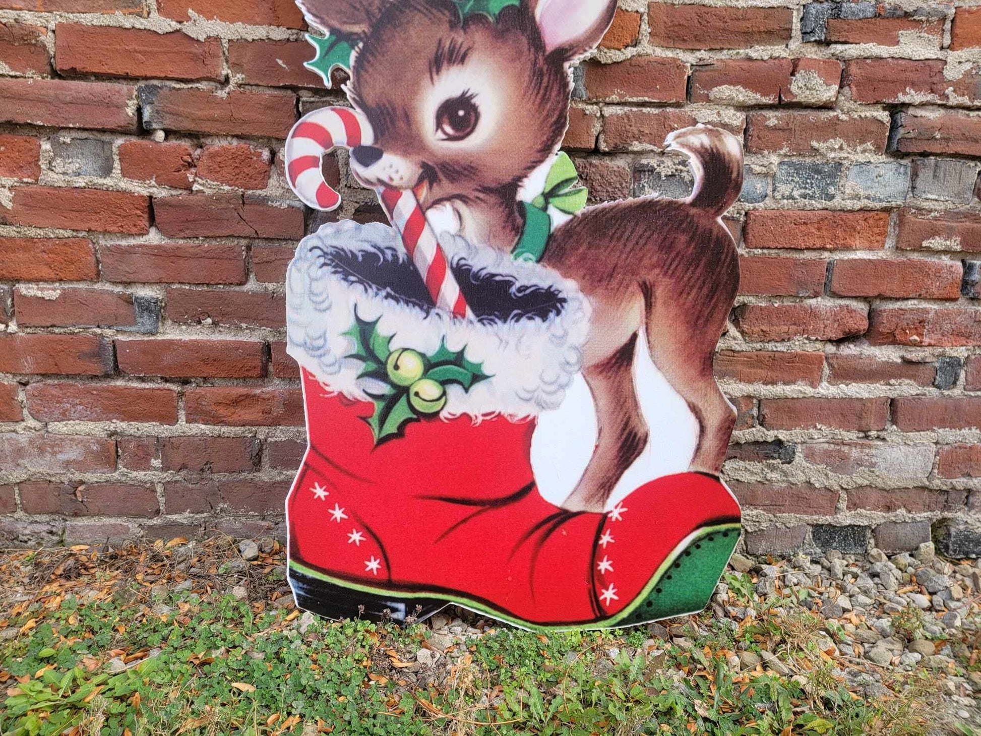 Vintage Yard Art PVC Reindeer Baby Santas boot Candy Cane Christmas Outdoor Weather Proof Printed image Yard Decor