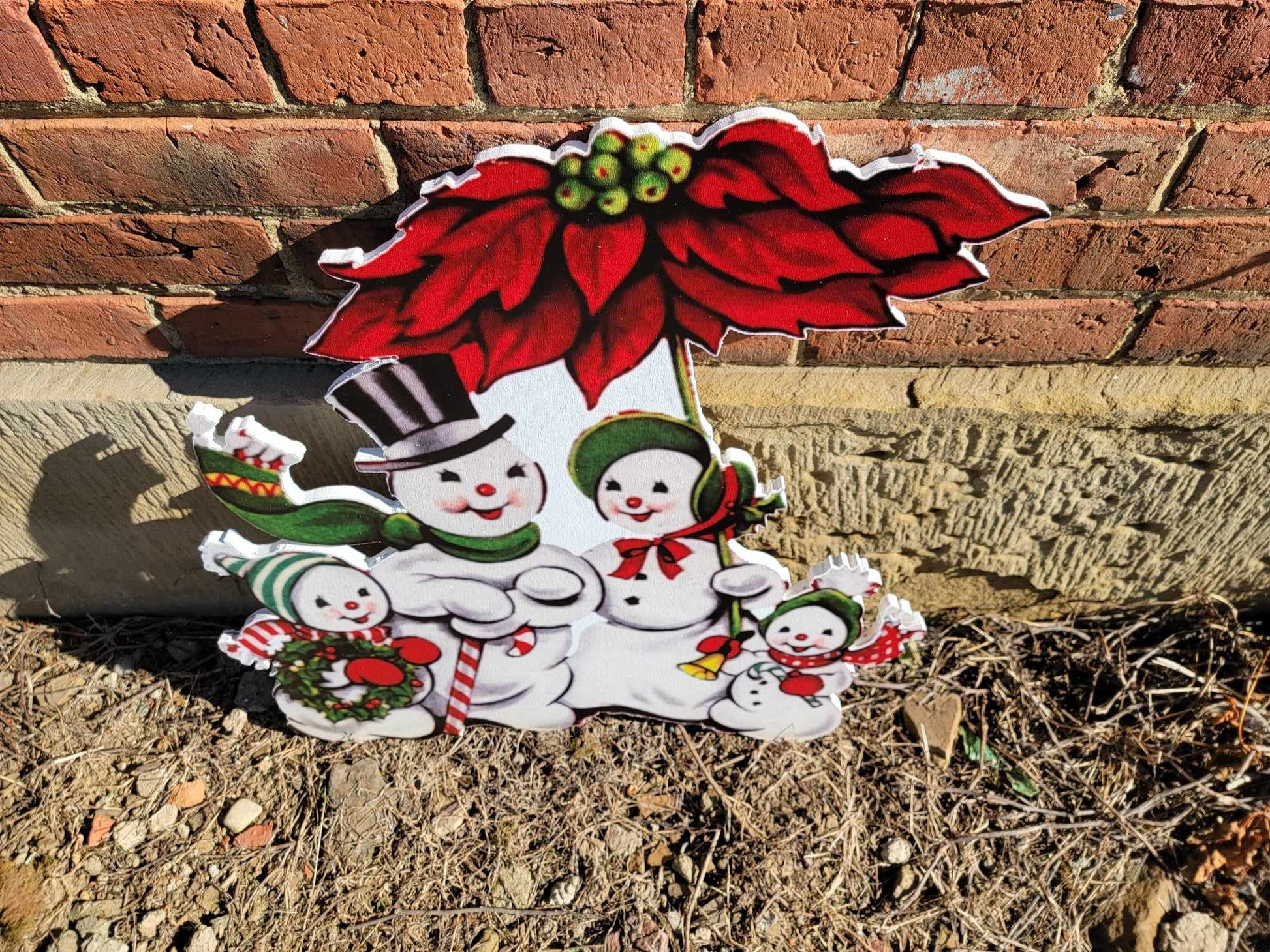 Vintage Yard Art Wood Winter Snowman Family Poinsettia Yard Sign Decorations Yard Decor Christmas Outdoor Printed image