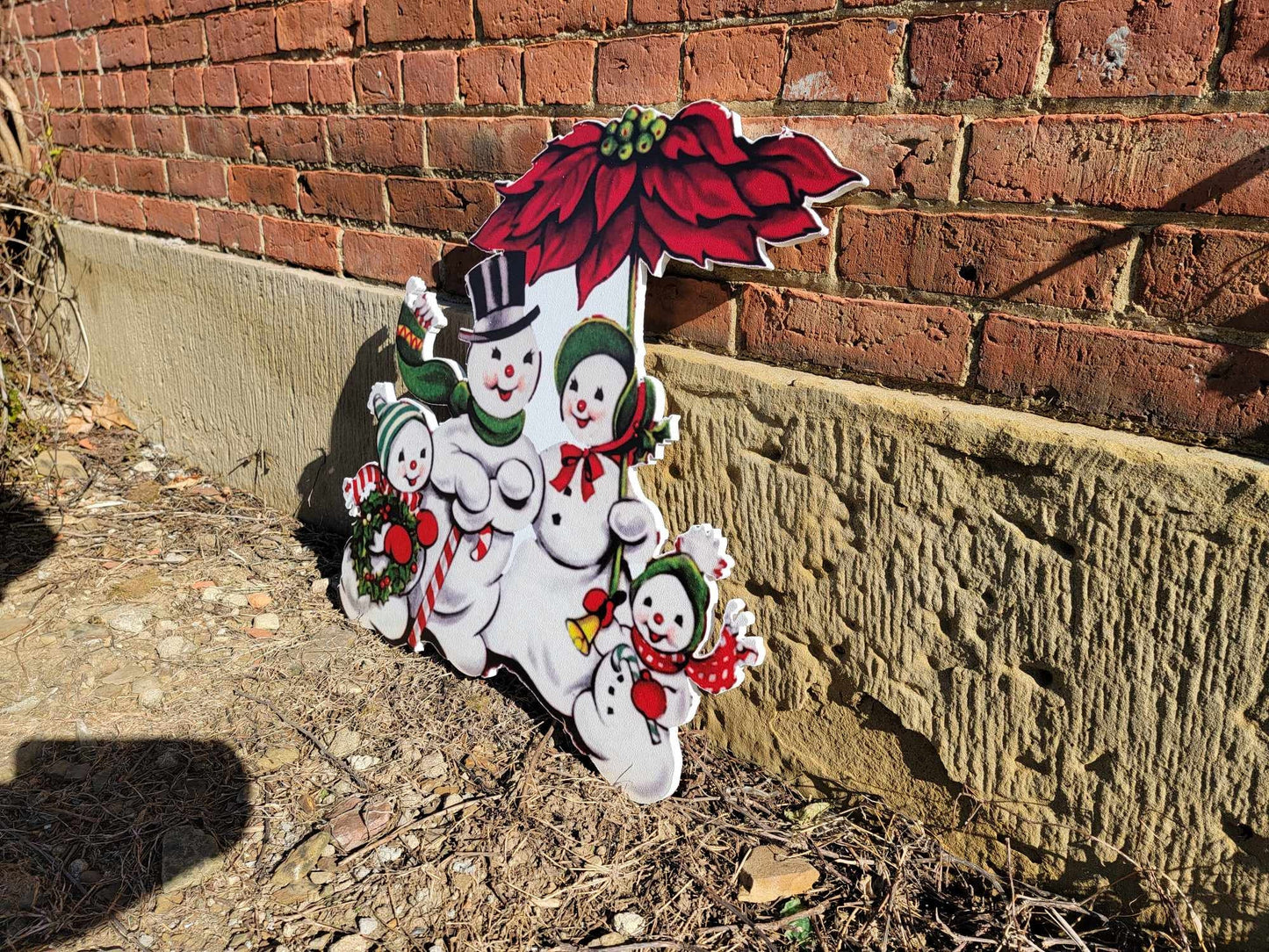 Vintage Yard Art Wood Winter Snowman Family Poinsettia Yard Sign Decorations Yard Decor Christmas Outdoor Printed image