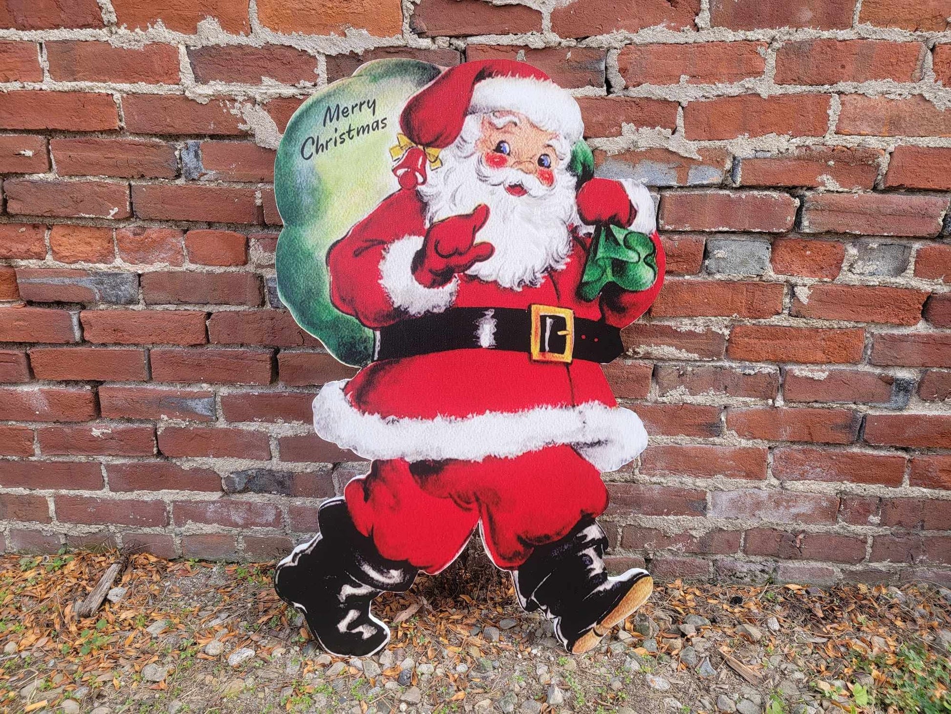Vintage Yard Art PVC Winter Santa Merry Christmas Bag of Toys Yard Sign Decorations Yard Decor Christmas Outdoor Weatherproof Printed image