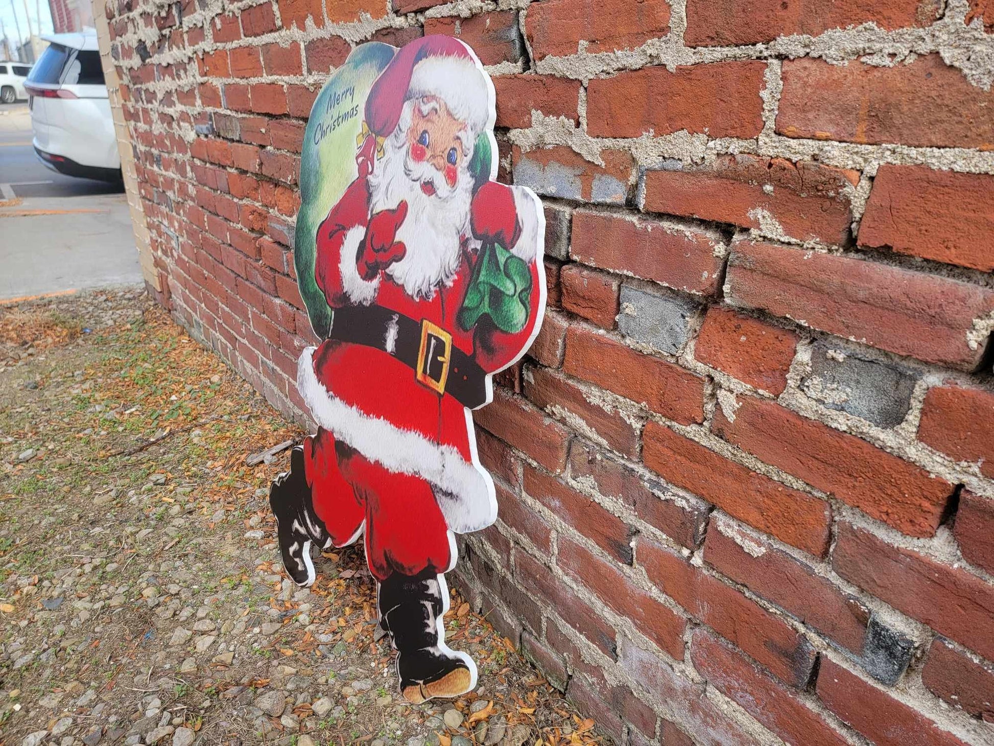 Vintage Yard Art PVC Winter Santa Merry Christmas Bag of Toys Yard Sign Decorations Yard Decor Christmas Outdoor Weatherproof Printed image