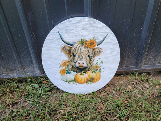 Cow Furry Highland Sign Flower Sunflower Printed Cow Lovers Porch Pumpkin Autumn Girl PVC Weatherproof Doorhanger Outdoor Use