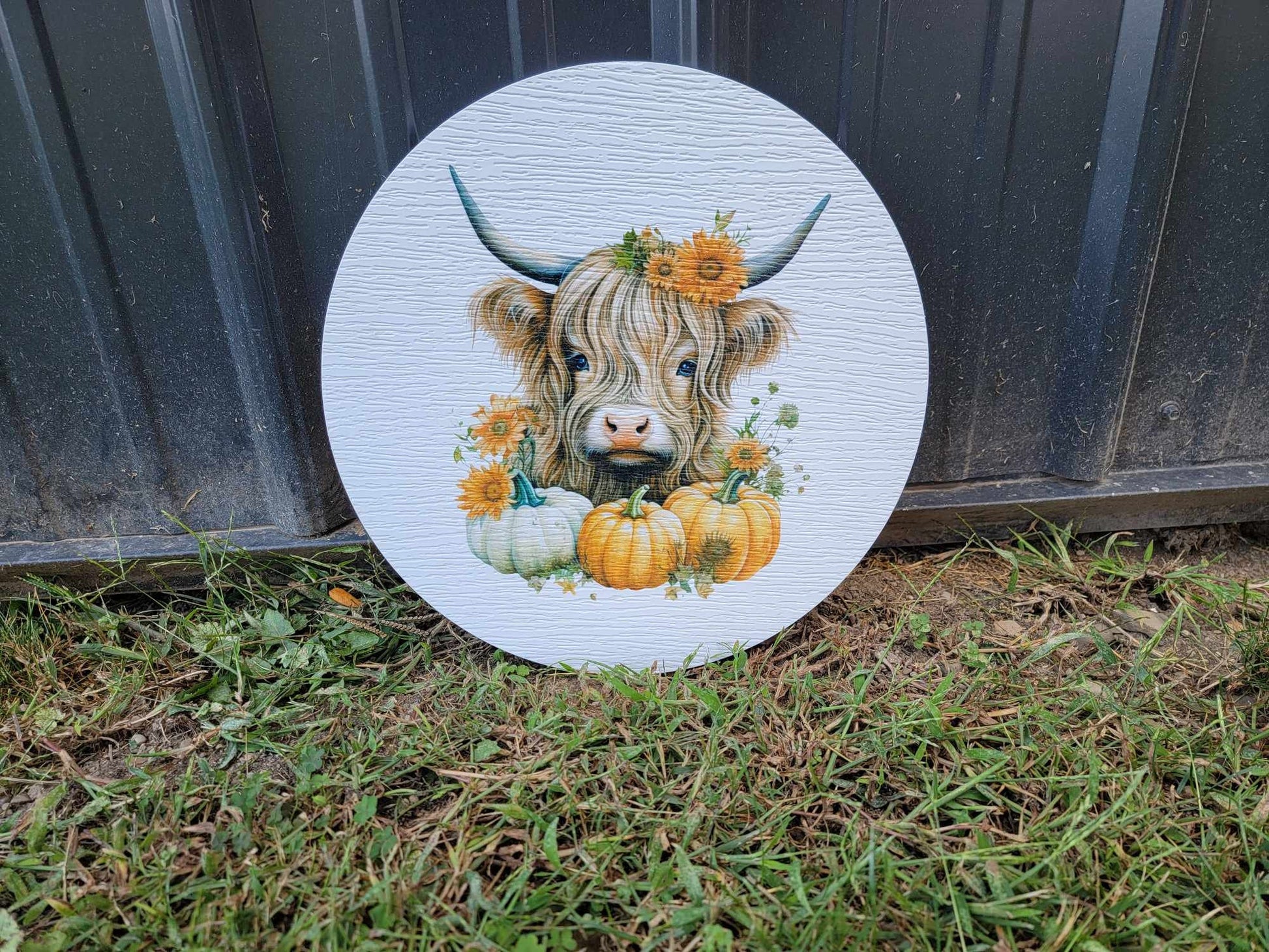 Cow Furry Highland Sign Flower Sunflower Printed Cow Lovers Porch Pumpkin Autumn Girl PVC Weatherproof Doorhanger Outdoor Use