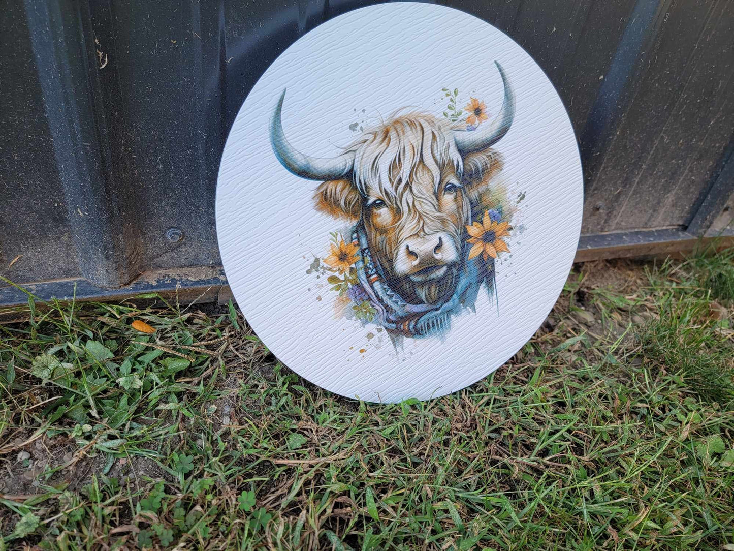 Cow Scarf Furry Highland Sign Flower Sunflower Printed Cow Lovers Porch Girl PVC Weatherproof Doorhanger Outdoor Use