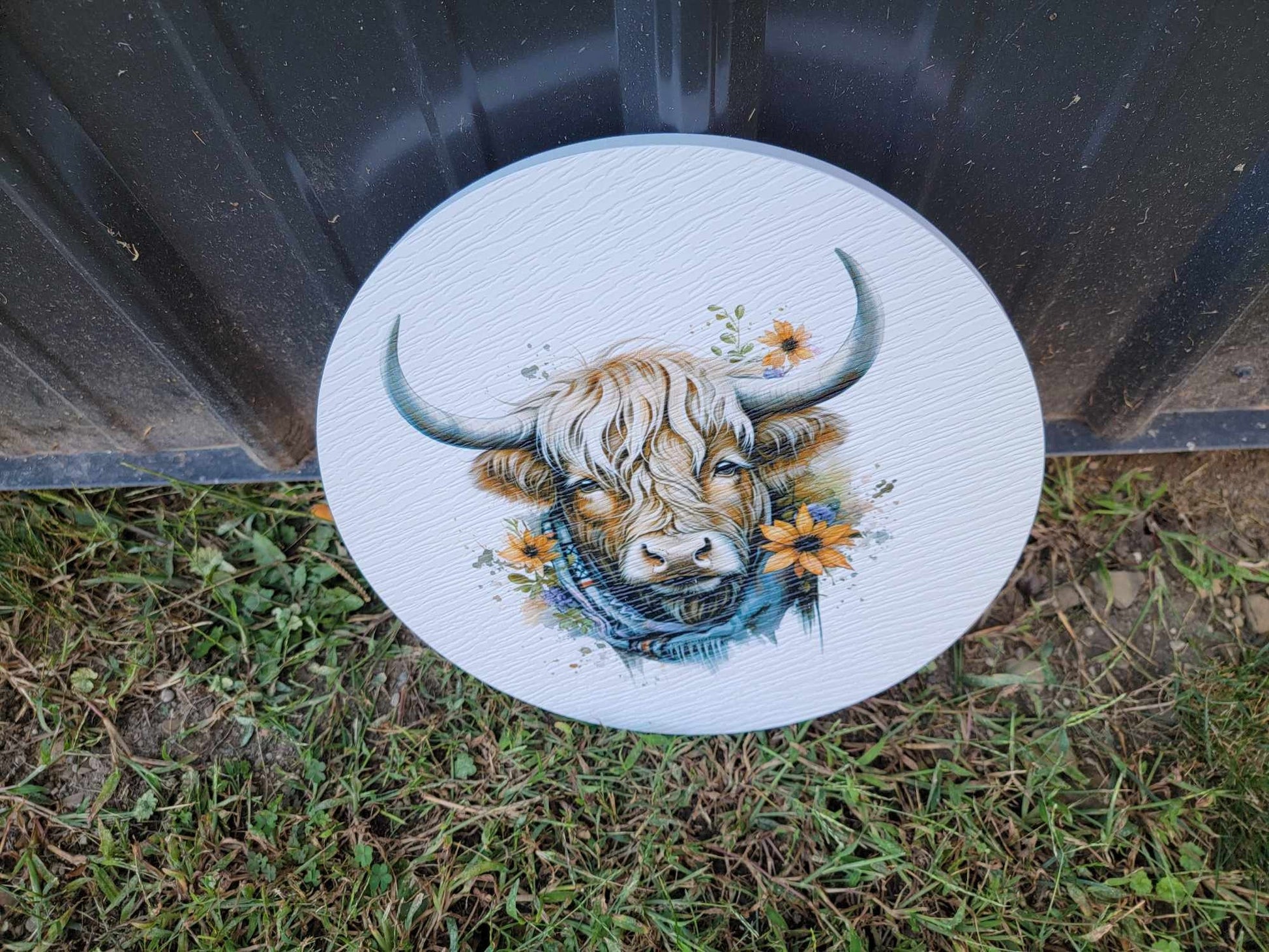 Cow Scarf Furry Highland Sign Flower Sunflower Printed Cow Lovers Porch Girl PVC Weatherproof Doorhanger Outdoor Use