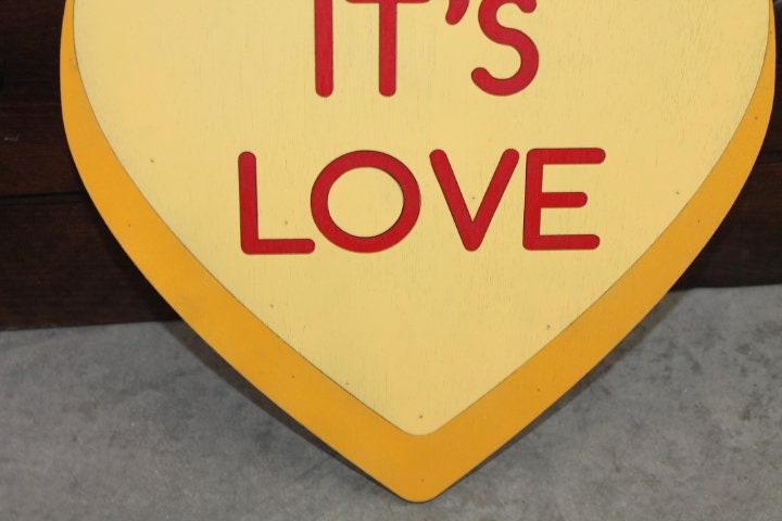 Wood Its Love Yellow Candy Conversation Heart Cutout Valentines Day Gift Photography Prop Handmade Homedecor Raised 3D Sign Wall Art