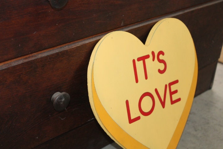 Wood Its Love Yellow Candy Conversation Heart Cutout Valentines Day Gift Photography Prop Handmade Homedecor Raised 3D Sign Wall Art