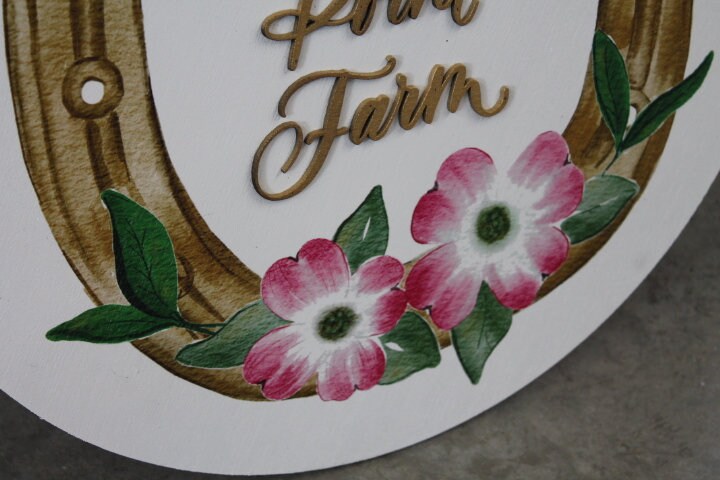 Custom Sign Round Horse shoe Dogwood Flowers Farm Homestead Business Signage Made to Order Logo Circle Wooden Handmade