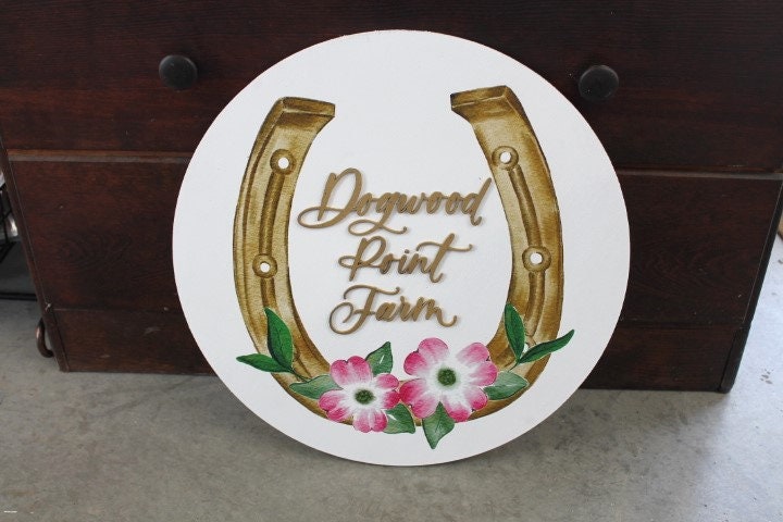 Custom Sign Round Horse shoe Dogwood Flowers Farm Homestead Business Signage Made to Order Logo Circle Wooden Handmade