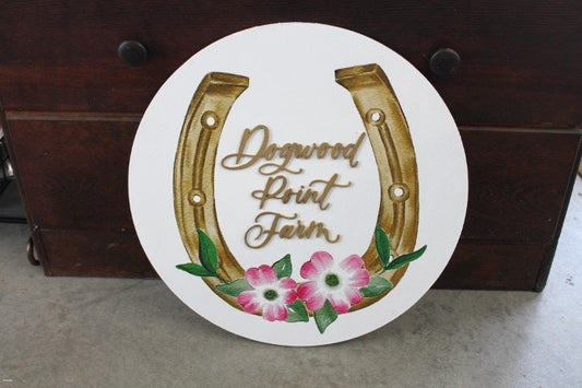 Custom Sign Round Horse shoe Dogwood Flowers Farm Homestead Business Signage Made to Order Logo Circle Wooden Handmade