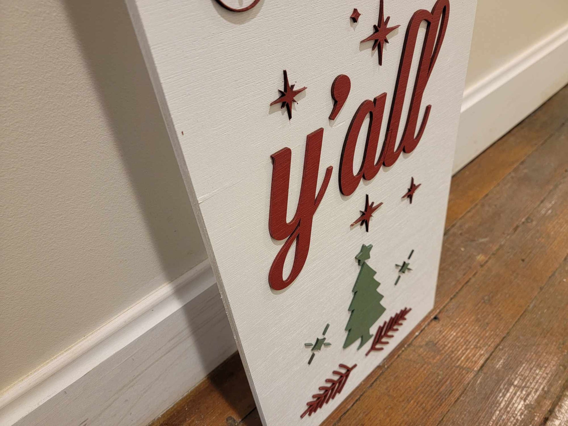 Merry Christmas Yall Ho Ho Ho Farmhouse Porch Leaner Step Door Sign 3D Handmade Winter Unframed Red and Green Country Southern