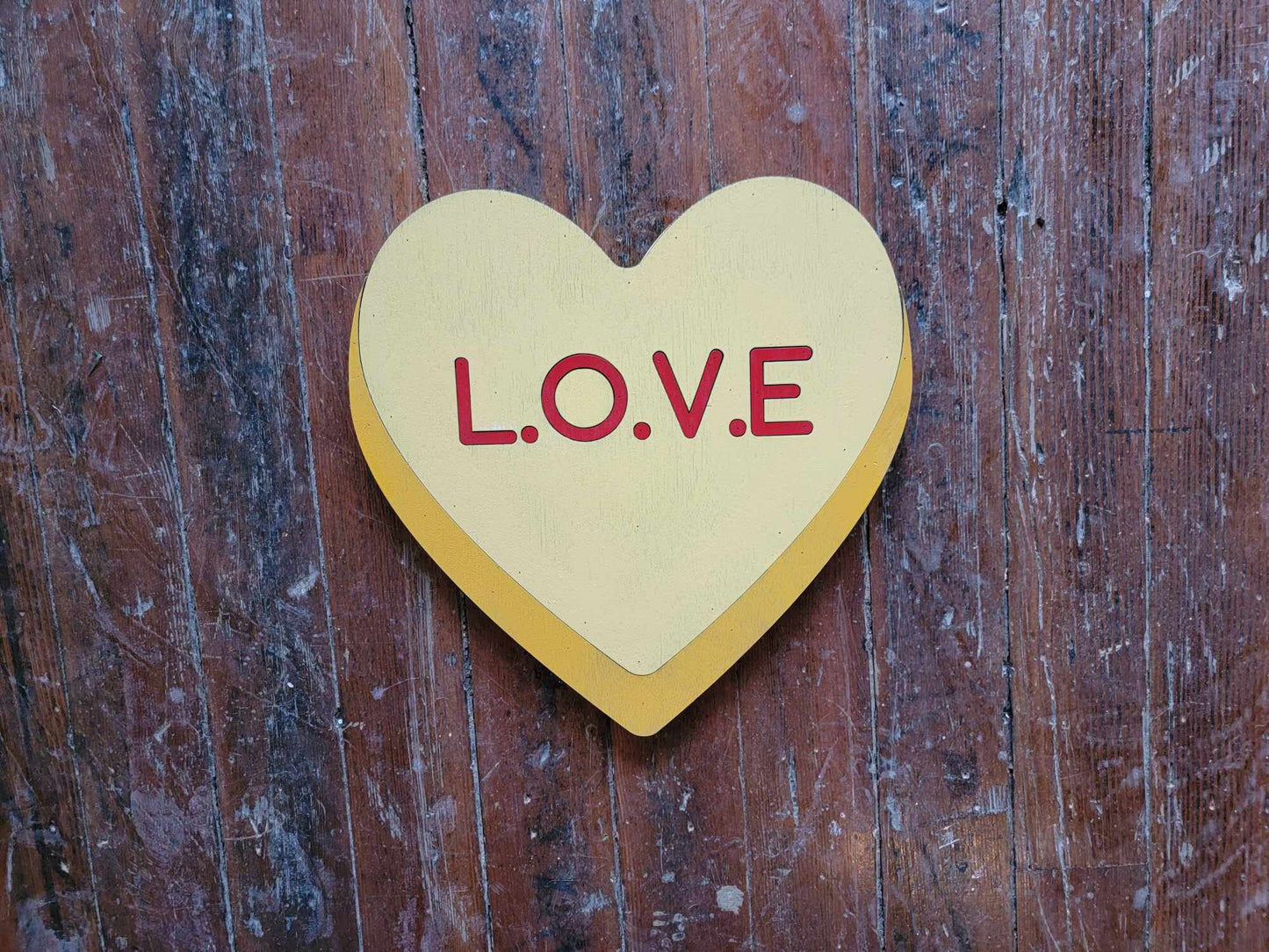 Wooden heart Yellow L.o.v.e Candy Conversation Heart Cutout Valentines Day Gift Photography Prop Handmade Homedecor Raised 3D Sign Wall Art