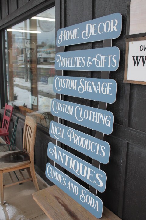 Custom Dropdown Ladder Style Advertising Local Products Window Sign Small Business Store Front Informative Printed Color Large Wood Large