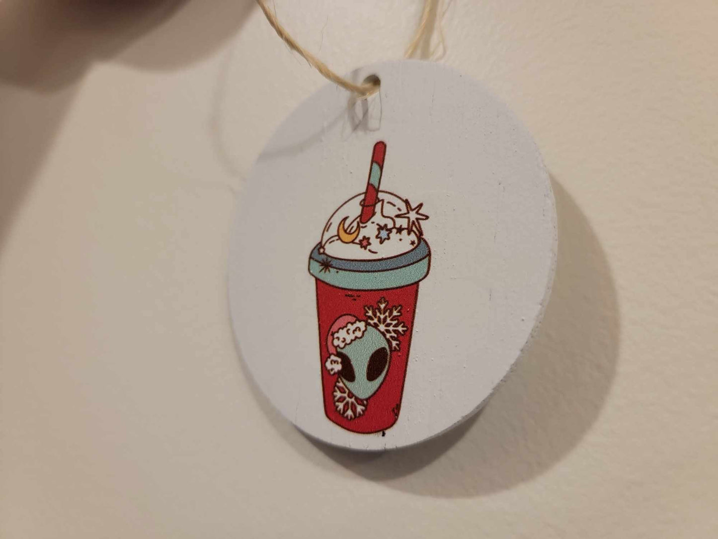 Extraterrestrial Alien Coffee Drink Cryptic Ornament Collector Mythical Printed Keychain Giftable Gift for Him Gift for her Wooden
