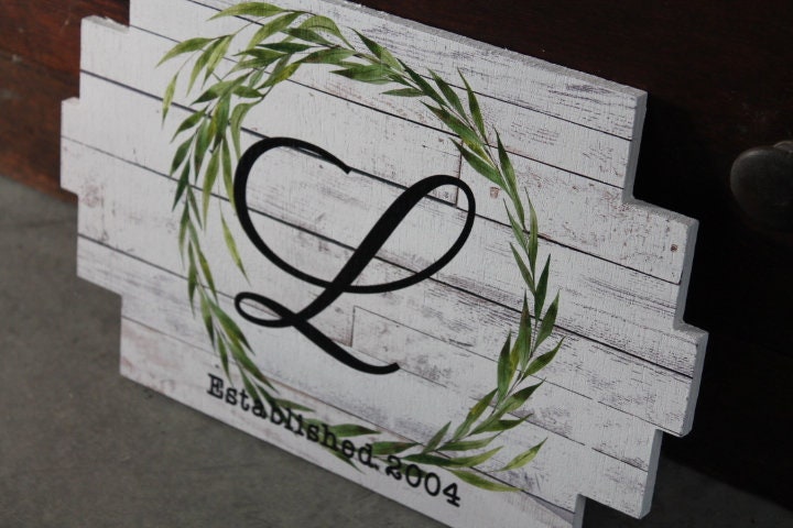 Wreath Pallet Monogram Wood grain Established Gift Wedding Anniversary Letter Last Name rustic White Wood Printed Personalized Wall Art