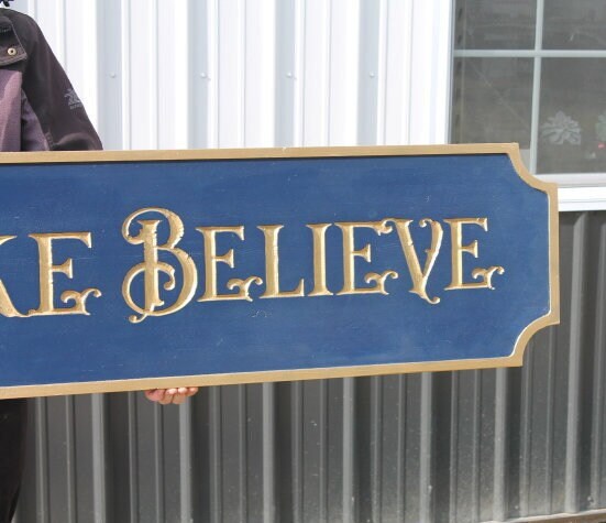 Gold Carved Make believe Museum Blue Vintage Antique Victorian Personalized Custom Wooden Etched Sign Engraved Routed Color Filled