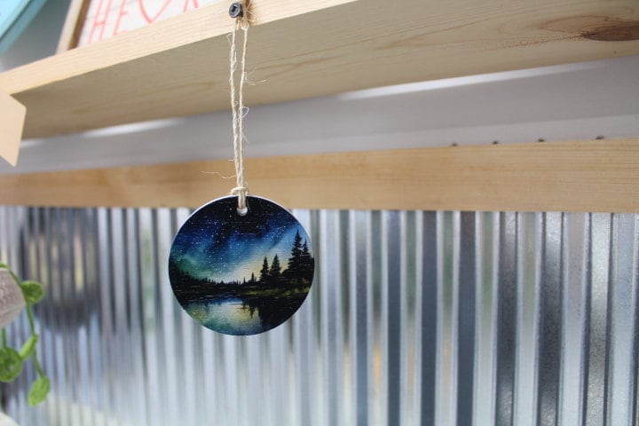 Night scene Lake Image Woods Camping Star Forest Explore Ornament Printed Keychain Giftable Gift for Him Gift for her Wooden