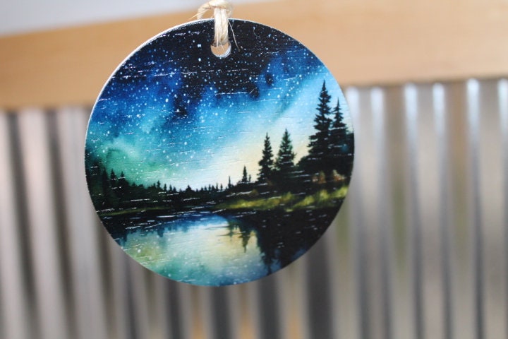 Night scene Lake Image Woods Camping Star Forest Explore Ornament Printed Keychain Giftable Gift for Him Gift for her Wooden