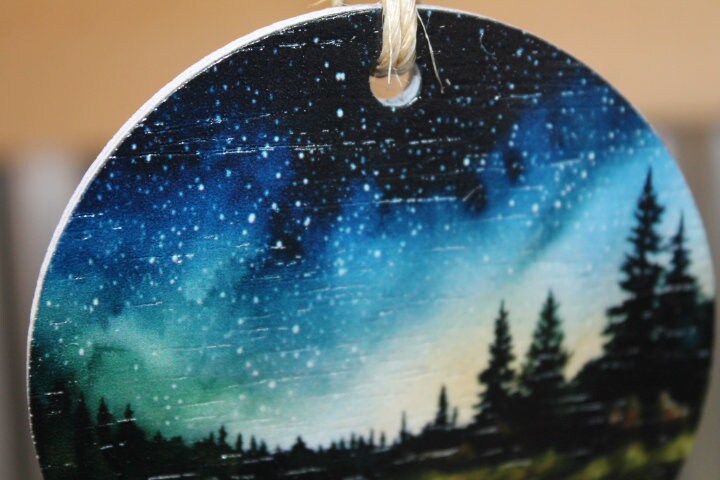 Night scene Lake Image Woods Camping Star Forest Explore Ornament Printed Keychain Giftable Gift for Him Gift for her Wooden