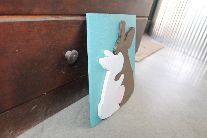 Bunny Rabbit Heart Blue Pink Family of 3 Handmade Family Easter Spring Nursery Decor 3D Raised Text Wall Décor Decoration Travel Primitive