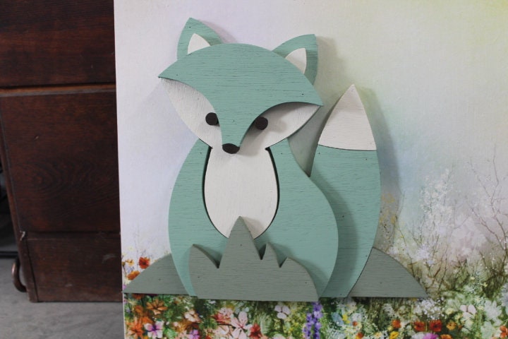 Woodland Fox Floral Teal Kit Color Baby Gift Girls Room Handmade Spring Nursery Decor 3D Raised Text Wall Décor Decoration Primitive