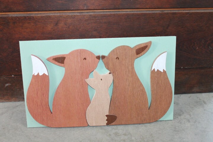 Fox Family Kit Mom Dad Spring Woodland Sweet Baby Shower Gift Nursery Handmade 3D Raised Layered Wall Decoration Primitive Rustic