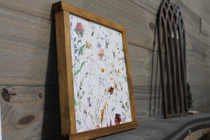Floral Printed Sign Wildflower Spring Framed Art Wall Decor Handmade Flowers Colorful Simple Little Girls Room Bathroom