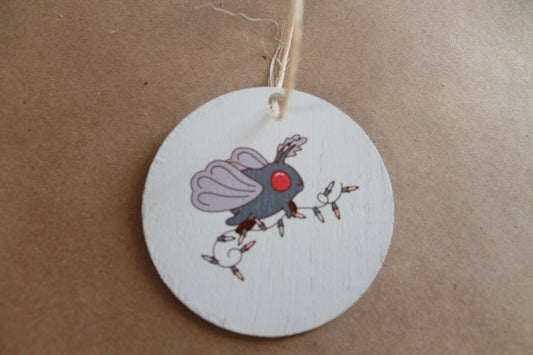 Moth man Christmas lights festive Cryptic Ornament Collector Mythical Printed Keychain Giftable Gift for Him Gift for her Wooden