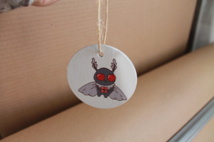 Moth man Present Gift festive Cryptic Ornament Collector Mythical Printed Keychain Giftable Gift for Him Gift for her Wooden
