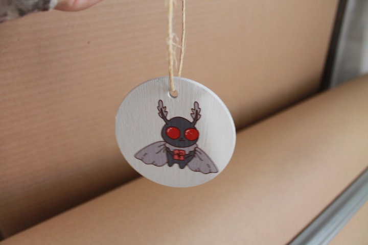 Moth man Present Gift festive Cryptic Ornament Collector Mythical Printed Keychain Giftable Gift for Him Gift for her Wooden