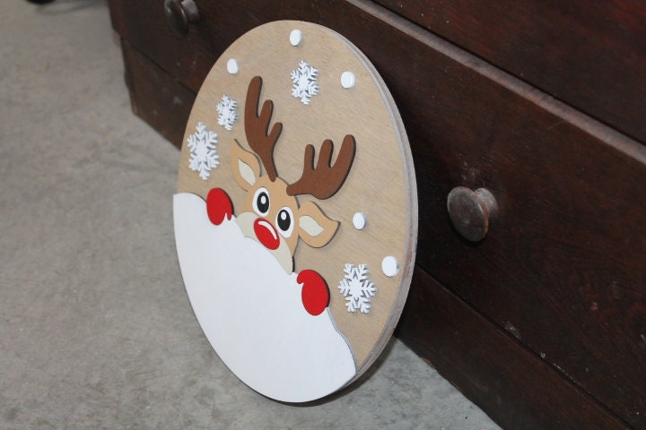 Peeking Deer Winter Snow Chilly Cold Christmas Rudolph Reindeer Handmade Home Decor Sign Door hanger Wall art Cute Red Cartoon